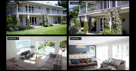 Composite of views from four security cameras ishowing family home exterior and living room. surveillance and domestic security technology concept, digital composite image.の写真素材