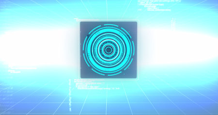 Image of globe spinning , scope scanning and data processing on screens. global network of...