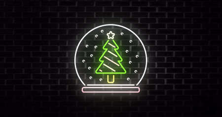 Image of neon christmas tree in snow globe on black background. christmas, winter, tradition and celebration concept digitally generated image.の写真素材