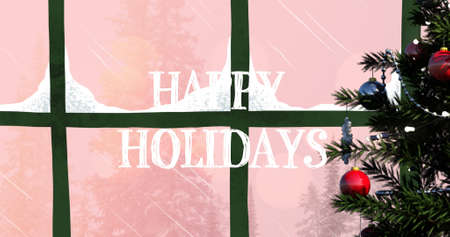 Image of happy holidays text over christmas winter scenery with fir trees. christmas, winter, tradition and celebration concept digitally generated image.の写真素材