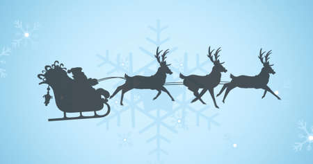 Image of santa claus sleigh with reindeer over blue background. christmas, winter, tradition and celebration concept digitally generated image.の写真素材