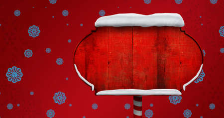 Image of falling snowflakes over blank wooden sign with copy space. christmas, tradition and celebration concept digitally generated image.の写真素材