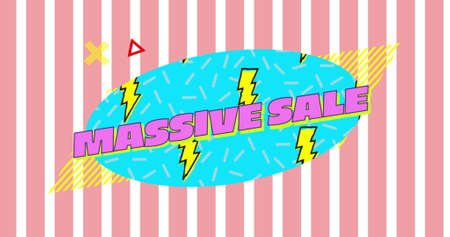 Massive sale graphic in blue oval with lightning flashes on a pink and white striped background 4k