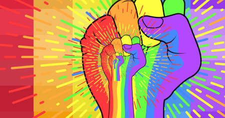 Image of rainbow fists over rainbow background. lgbt rights and equality concept digitally generated image.の写真素材