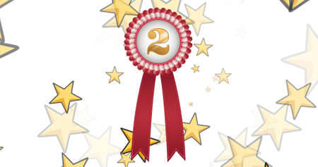 Image of floating golden start and 2nd place medal on white background. victory, festivity and celebration concept digitally generated image.の写真素材