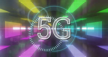 Image of digital interface with 5G network of connections and scope in glowing tunnel. Global...