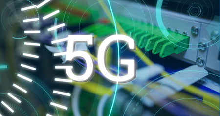 Digital image of futuristic circles moving around 5G with background of server and wires 4k