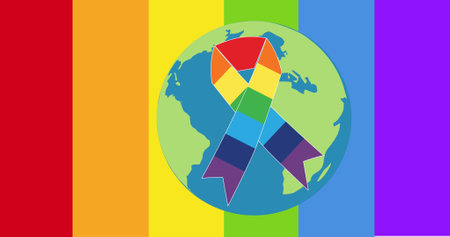 Image of rainbow ribbon over globe on rainbow background. lgbt rights and equality concept digitally generated image.の写真素材