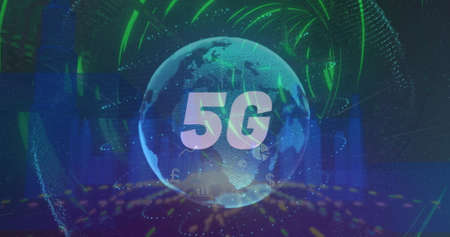 Image of 5G digital interface with globe spinning and icons over glowing blue cityscape. Global...