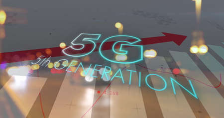 Image of 5g 5th generation text over arrow pointing up with statistics and cityscape. Digital...