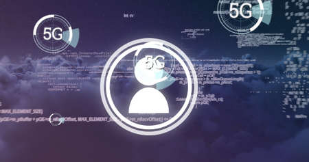 Image of people in circle moving along series of programming codes and scripts, above the clouds....