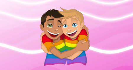 Image of cartoon gay couple on pink background. lgbt rights and equality concept digitally generated image.の写真素材