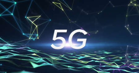 Image of text 5G with plexus network and data processing and waves flowing on black background....