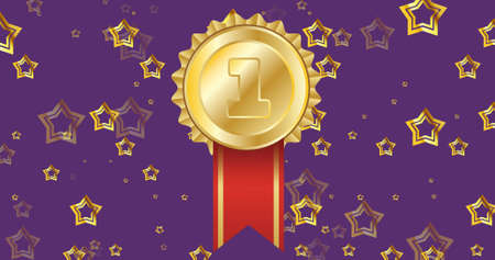 Image of floating stars and golden medal on purple background. victory, festivity and celebration concept digitally generated image.の写真素材