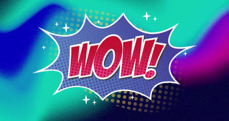 Image of wow on colorful background. business, trade, sale and promotions concept digitally generated image.の写真素材