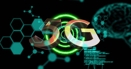Image of 5g text with data processing over glowing human brains and purple circles. Digital interface global connection and communication concept digitally generated image.の写真素材