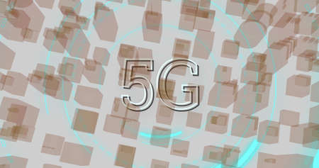 Image of 5G written on aerial view of moving 3d architectural drawing of buildings in a city 4kの写真素材
