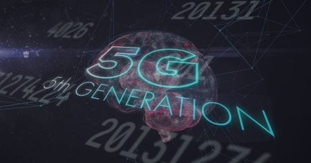 Image of 5g 5th generation text flickering over spinning human brain and numbers changing in...