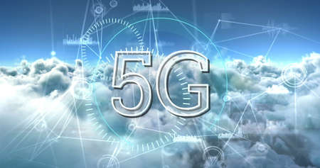 Image of 5G text written in circle on scope scanning, network of connections, clouds. Fifth...