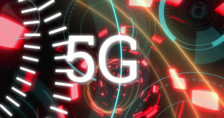 Image of digital interface with 5G network of connections and scope in glowing distorted tunnel....