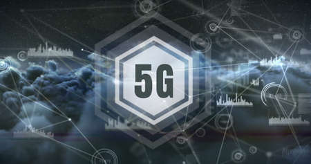 Digital composite of 5G symbol surrounded by hexagon against grey background with cloud image 4kの写真素材