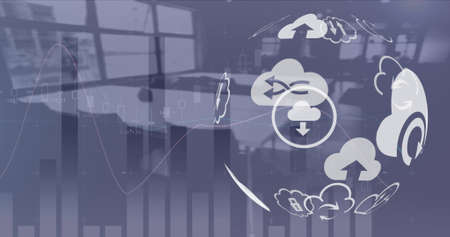 Globe of digital icons and financial data processing against empty office in background. global finance and business conceptの写真素材