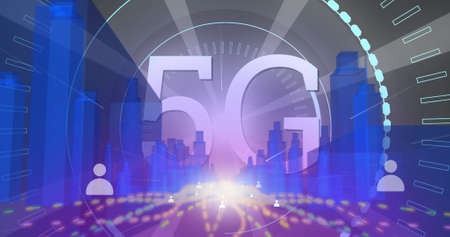 Image of 5G digital interface with scope scanning with people icons over 3D glowing blue cityscape. Global connection network technology concept digitally generated image.の写真素材