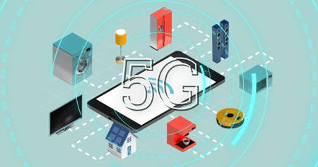 Image of 5G text written in circle on scope scanning, smartphone and icons of connections. Fifth...