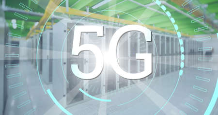 Digital image of futuristic circles moving around 5G with background of  a corridor of server towers...