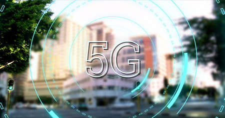 Digital image of futuristic circles moving with a 5G and background of a busy street 4k