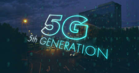 Image of 5g 5th generation text flickering over cityscape in background. Digital interface global...