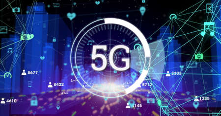 Image of 5G text written in circle on scope, network of connection 3D cityscape. Fifth generation...