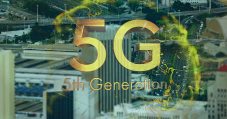 Image of 5g 5th generation text over globe and cityscape in background. Digital interface global connection and communication concept digitally generated image.の写真素材