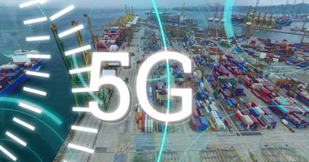 Digital image of futuristic circles moving around 5G with background of a view of a port 4k