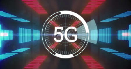Image of digital interface with 5G network of connections and scope in glowing tunnel. Global...
