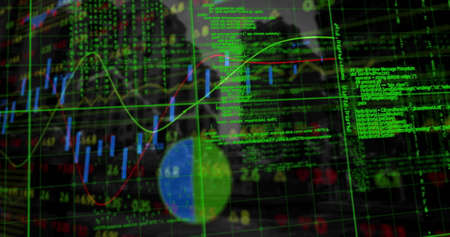 Financial and statistical data processing against tall buildings in background. global finance and...