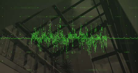 Financial data processing over grid network against empty office in background. global finance and...