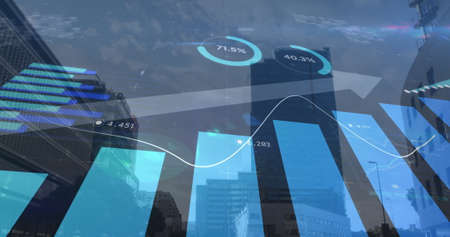 Digital composition of financial data processing against tall buildings in background. global...