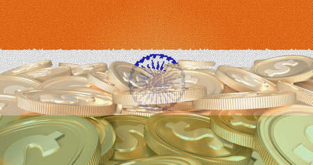 Image of flag of india over stack of gold coins. finance and economics concept digitally generated image.の写真素材