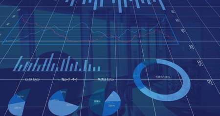 Financial data processing over grid network against empty office in background. global finance and business conceptの写真素材