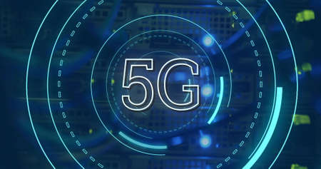 Digital image of futuristic circles moving around 5G with background of  wires and cables 4k