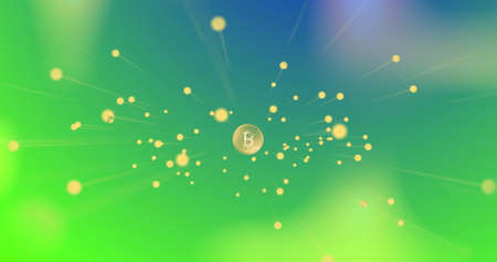 Image of yellow spots of light floating over green, then connected bitcoins on red. crypto currency,...