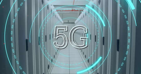 Digital image of futuristic circles moving with a 5G and background of corridor of server towers 4k