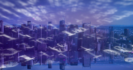 Image of binary coding over cityscape. global business, finances, digital interface and connections concept digitally generated image.の写真素材