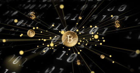 Image of dolar and bitcoin sing over binary coding. global business, finances, digital interface and...
