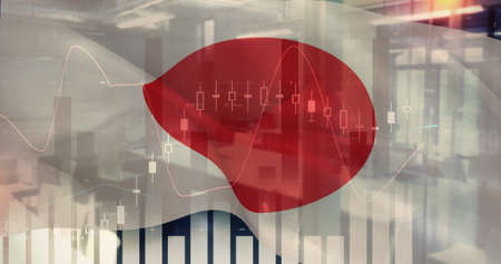 Image of financial statistics recording over flag of japan waving. global finances and business concept digitally generated image.の写真素材
