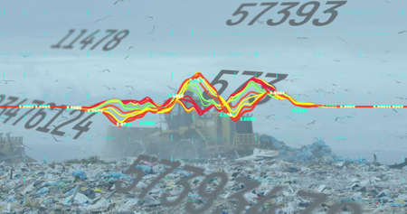 Image of financial data processing over a garbage dump. digitalinterface global finance and business concept digitally generated image.の写真素材