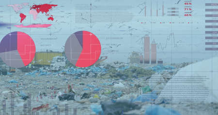 Financial data processing against landfill with bird flying in the sky. finance and economy concept