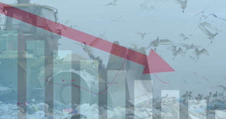 Red graph moving over statistical data processing against bulldozer working on landfill. finance and economy conceptの写真素材
