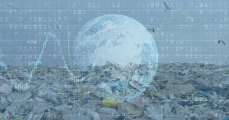 Binary coding and financial data processing over globe against landfill with birds flying in the sky. finance and economy conceptの写真素材